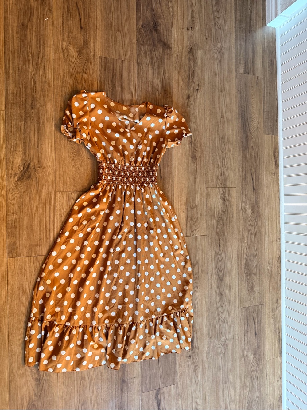 SHEIN Rust Polka Dot Smocked Midi Dress